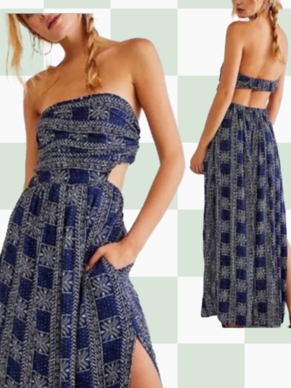 Free People Peyton Maxi Dress features a navy blue and cream geometric print